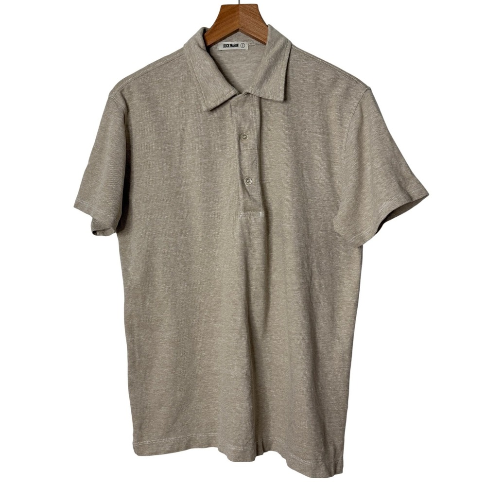 Buck Mason Pique Polo Shirt Cotton Linen Blend Short Sleeve Shirt Tan Mens Small